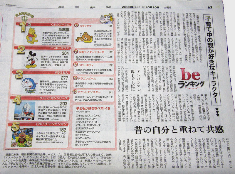 2009年10月10日（土）朝日新聞(be on Saturday)「beランキング」掲載記事