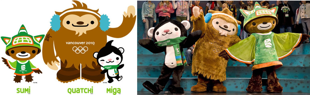 2010年バンクーバーオリンピックのマスコットキャラクター、Sumi（スーミ）、Quatchi（クワッチ）、Miga（ミーガ）