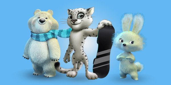 2014年ソチ冬季オリンピックのマスコットキャラクター、ホッキョクグマ（The Polar Bear）、ユキヒョウ（The Leopard）、野ウサギ（The Hare）